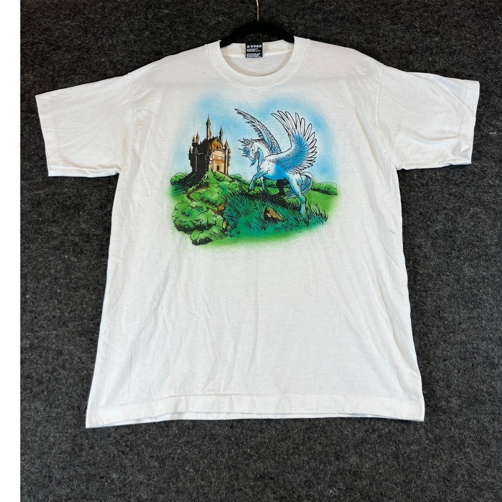 Vintage 90s Pegasus Castle Graphic T-Shirt Mens White Large USA Streetwear Tee